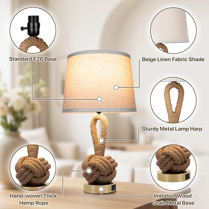 22" Rope Lamps for Night Stands, Bedside Lamps Set of 2, 3-Color Temperatures Boho Lamp with Rotary Switch, Table Lamps for Living Room Bedroom, Rattan Lamp with USB Ports, Bulbs Included - Bloomnest