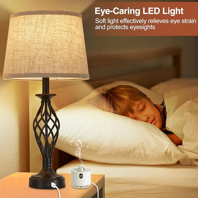Table Lamp for Bedroom Set of 2 with USB C+A Ports, Modern Bedside Lamps with Spiral Cage Base, Fabric Shade, Nightstand Lamp for Living Room Reading Bed Side End Table, 2 LED Bulbs Included Black - Bloomnest