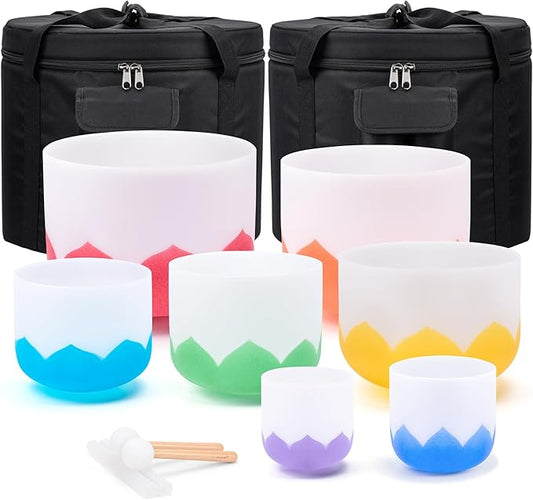 6-12 inch Lotus Design Colored Rim Chakra Tuned 432hz Set of 7 Quartz Crystal Singing Bowls with Heavy Duty Carrying Cases and Singing Bowl Mallet Suede Strikers