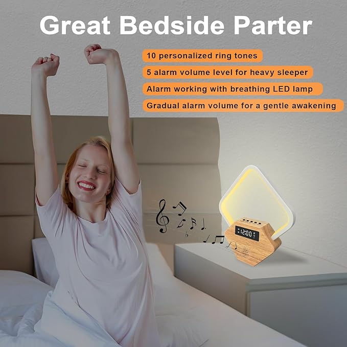 Wood Sunrise Alarm Clock with White Noise Machine 3 Color Night Light 15 Soothing Sounds Sleep Aid 30/60/90min Timer 10 Alarm Ringtones USB C PD Phone Charger Anniversary Birthday Gifts for Women Men - Bloomnest