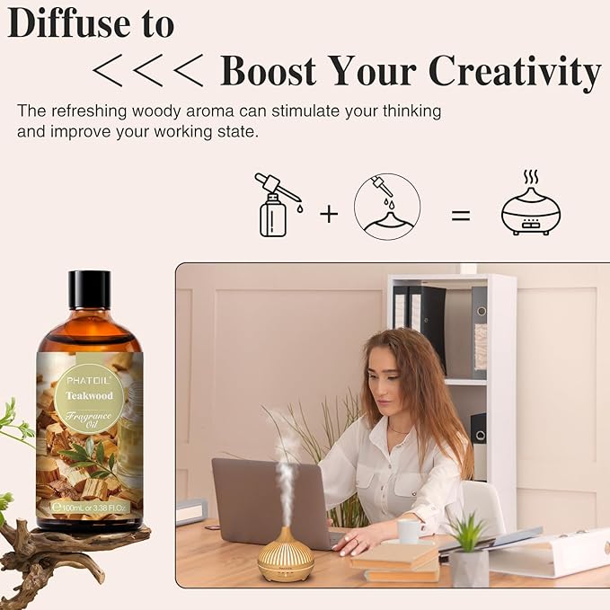 PHATOIL 3.38FL.OZ Teakwood Fragrance Oils for Aromatherapy, Essential Oils for Diffusers for Home, Perfect for Diffuser, Yoga, Skin Care, DIY Candle and Soap Making - 100ml - Bloomnest