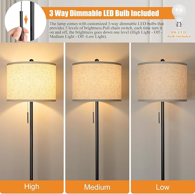 Floor Lamp for Living Room, 63in Black Standing Lamp, 3-Way Dimmable Floor Lamp for Bedroom, Tall Lamp with White Linen Shade for Office - Bloomnest
