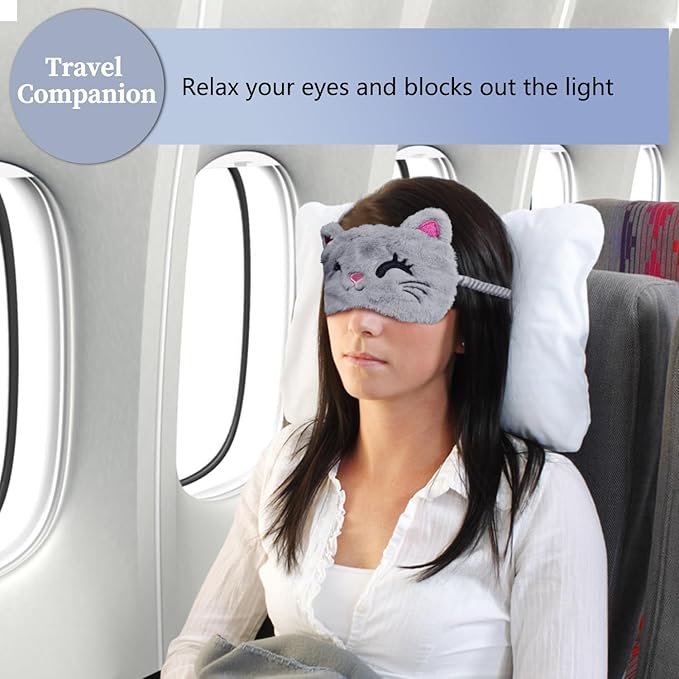 Cute Sleep Masks - Cartoon Animal Cat Eye Mask, Plush Sleeping Mask & Travel Blindfold - Funny Kitten Eye Shade for Kids, Girls & Adults (Grey Cat) - Bloomnest