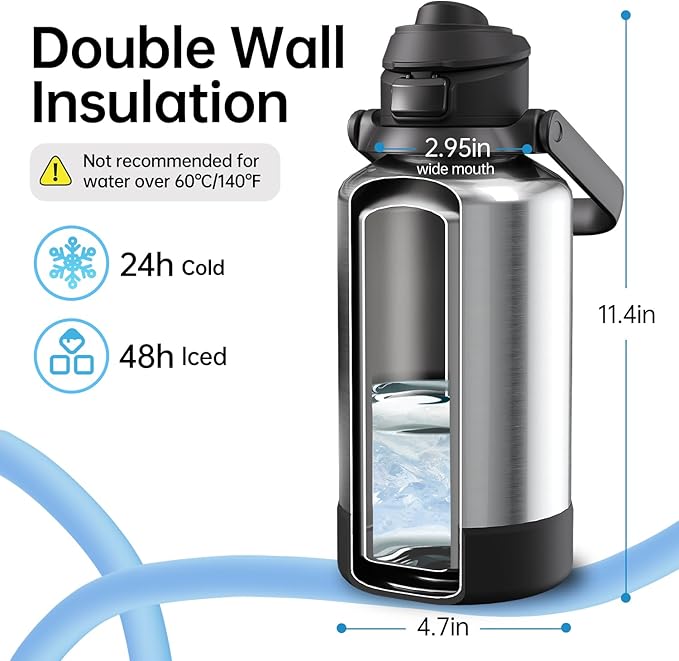 64oz Insulated Magnetic Water Bottle - Stainless Steel Vacuum Flask with MagSafe Compatible Phone Holder Keeps Drinks Cold for 24 Hours Water Jug for Gym and Outdoor Activities（Silver) Magcheer
