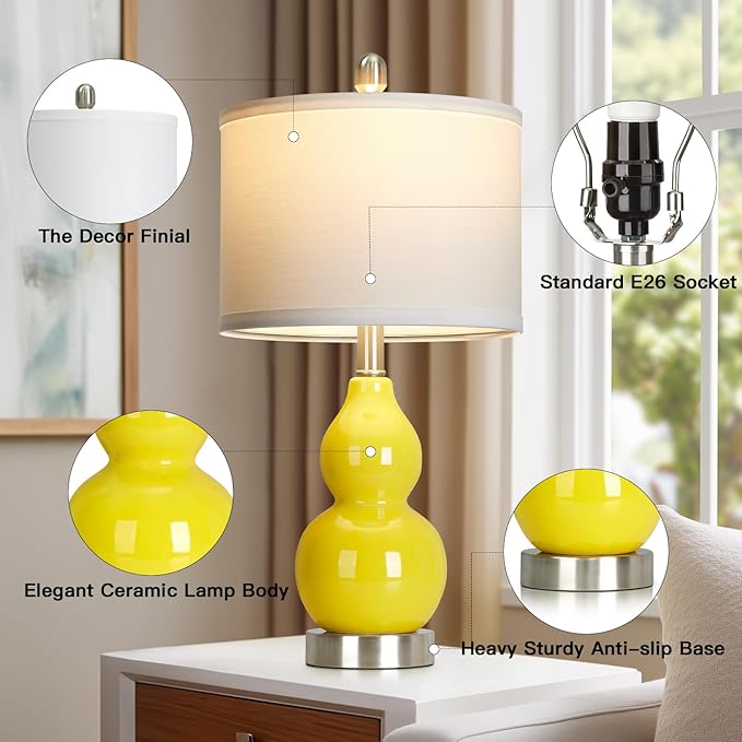 Double Gourd Ceramic Table Lamps Set of 2, Modern Yellow Bedside Lamps for Night Stand, Contemporary Nightstand Lamps for Bedroom Living Room (Bulb Included) - Bloomnest