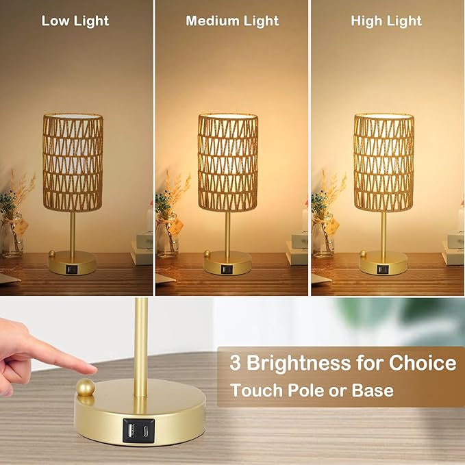 Gold Bedside Lamps Set of 2, Touch Control Night Stand Lamp for Bedroom with Rattan & Linen Shade & Bulbs, 3 Way Dimmable Small Boho Table Lamps with USB Charging Port & Phone Stand - Bloomnest