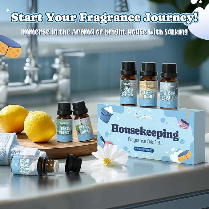 SALKING Housekeeping Fragrance Oils, Premium Essential Oil for Diffuser, Scented Oil Gift Set for Soap Candle Making - Just Washed, Welcome Home, Bright linens, Clean Trick, Clean Breeze, So Clean - Bloomnest