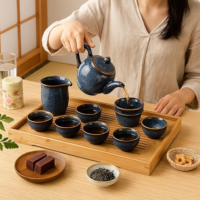Chinese gongfu tea set porcelain,9-Piece Adult Tea Set,Afternoon Tea Pot Set, Blue Ceramic,Gift Boxed Set Perfect for Tea Lovers - Bloomnest