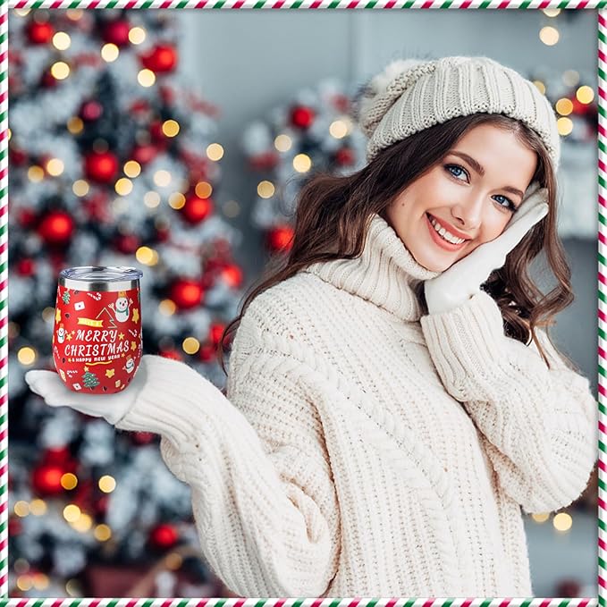 12oz Christmas Wine Tumbler with Lid and Straw,Stainless Steel Insulated Stemless Wine Tumbler Double Wall Vacuum Wine Cups Tumbler Christmas Gifts for Women Men(Xmas Elements,2) - Bloomnest