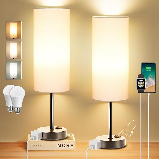 ZJOJO Table Lamp for Bedroom 2 Pack,18in Bedside Lamps with 3 Way Dimmable Rocker Switch & AC Outlet,Nightstand Desk Lamp with White Fabric Shade Black Basee for Living Room Home Decor Lights - Bloomnest