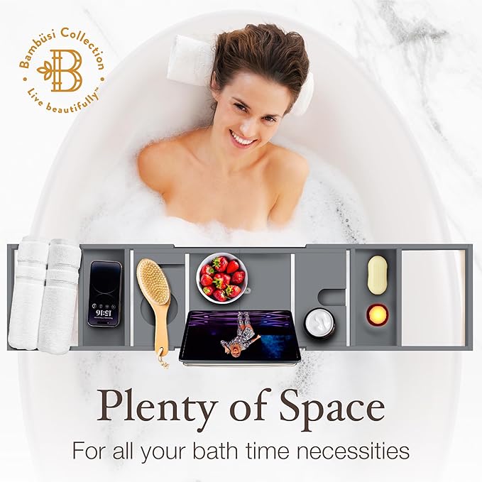 Wooden Bathtub Tray - Foldable & Expandable Bamboo Bath Tray for Tub with Wine Holder, Book & Tablet Stand - Bath Caddy Tray for Bathtub, Spa Bath Accessories, Tub Tray Table, Gift Idea for Her (Gray) - Bloomnest