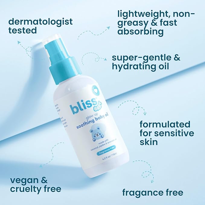 Bliss Baby Oil, All Natural, Premium & Unscented, Vegan - Made with Organic Avocado Oil, Coconut Oil, Dermatologist Tested, Soothing & Hydrating Baby Massage Oil, Travel Size 4 fl. Oz. - Bloomnest