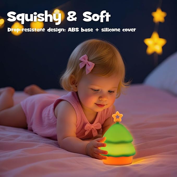 Squishy Christmas Tree Night Light with RGB Modes Dimmable Nursery Breastfeeding Nightlight Hangable Cute Christmas Lamp Novelty Rechargeable Silicone Touch Bedside Lamp for Bedroom Dorm Decor - Bloomnest