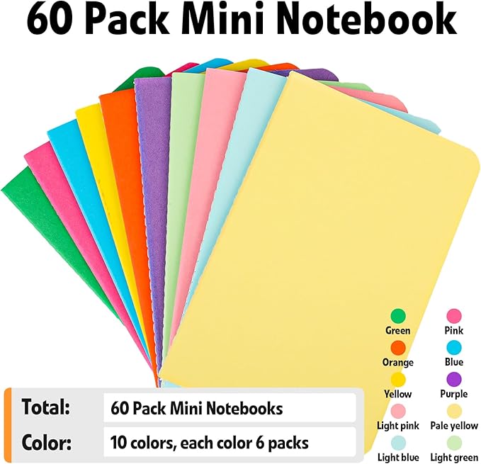 60 Pack Small Lined Notepads Bulk, Mini Journal Pocket Notebooks Set 3.5 Inch x 5.5 Inch, Colored Cover Notebook for Kids, 10 Colors 24 Sheets (48 Pages) for Traveler, Students, School Supplies - Bloomnest