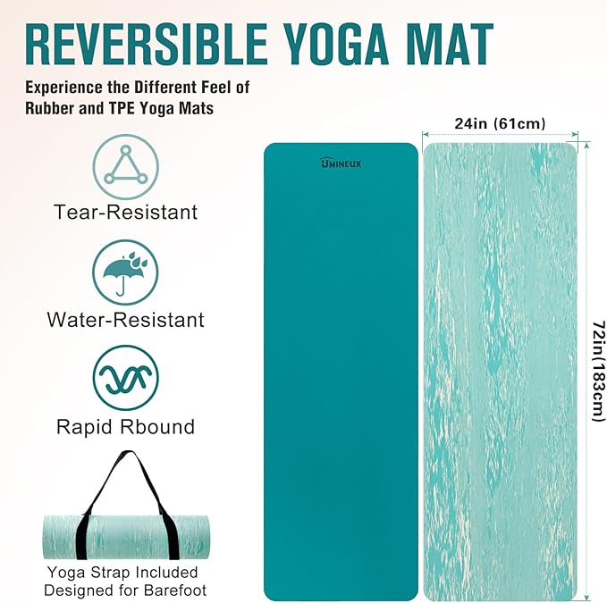 UMINEUX Extra Thick Yoga Mat, 2/5 Inch (10MM), Natural Rubber and TPE Non Slip Yoga Mats with Strap for Women Men, Eco Friendly Exercise Mat for Yoga, Pilates and Home Workout - Bloomnest