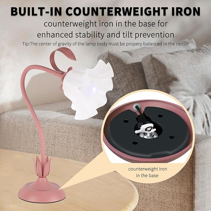 Cute Flower Desk Lamp, 3 Color Temperature Table Lamps with LED Bulb, Vintage Bedside Lamp, Reading Lamps with Soft Light for Bedroom, Living Room（Pink） - Bloomnest