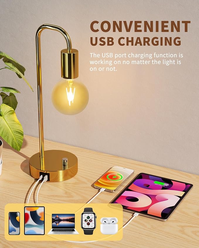 ONEWISH Industrial Table Lamp Set of 2 with USB A&C Charging Port, Stepless Dimmable Nightstand Bedside Lamps for Bedroom,Desk Lamps with 2700K Gold Gradient Bulb for Reading Living Room - Bloomnest
