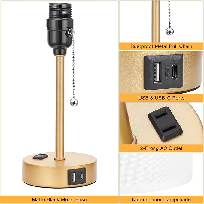 Dicoool Small Bedside Lamps 3 Color Modes - 3000K 4000K 5000K Bedroom Lamps with USB C and A Ports, Pull Chain Gold Table Lamps with AC Outlet, Nightstand Lamps with Gold Metal Base for Kids Reading - Bloomnest