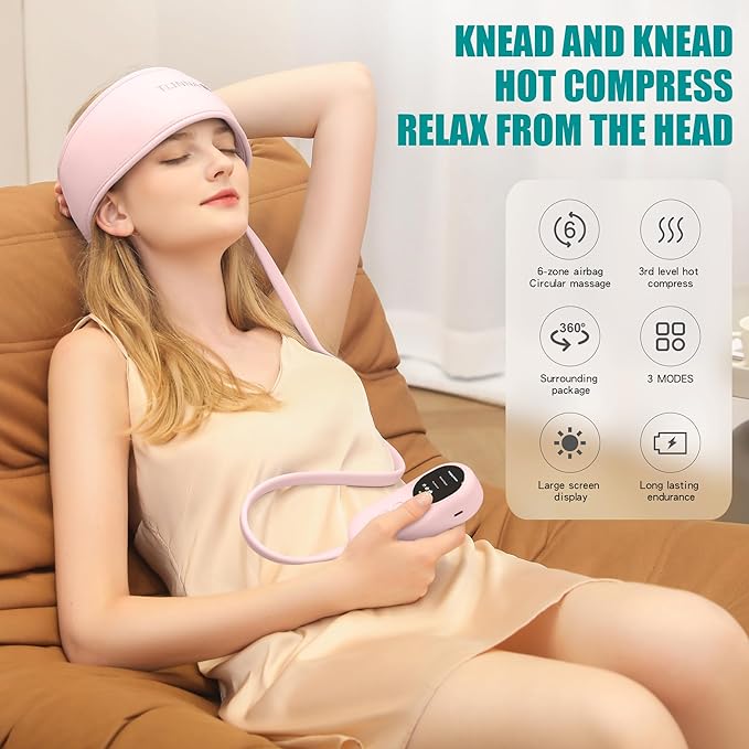 Head Massager,Scalp Massager,Relief Headaches,Fatigue,Stress,Sleep aid,Hangover with Airbag Kneading,Constant Temperature Hot Compress for Head (Pink) TLINNA