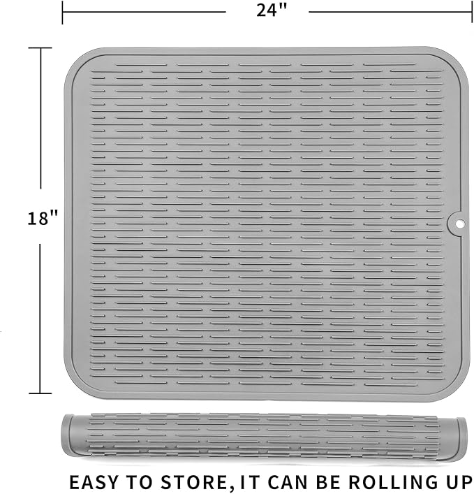 Silicone Dish Drying Mat for Multiple Usage,Easy clean,Eco-friendly,Heat-resistant Silicone Mat for Kitchen Counter or Sink,Refrigerator or Drawer Liner Grey 2XL 24 inches x 18 inches - Bloomnest