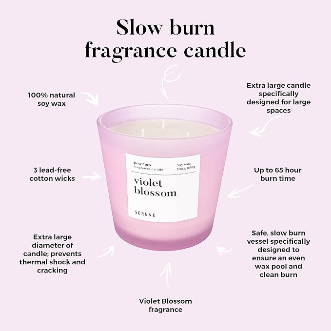 Hidden Label Large Scented Candle, Violet Blossom, 30oz 3 Wick Huge Candle, Serene Collection Slow Burn Natural Soy Candles for Home Scented - Bloomnest