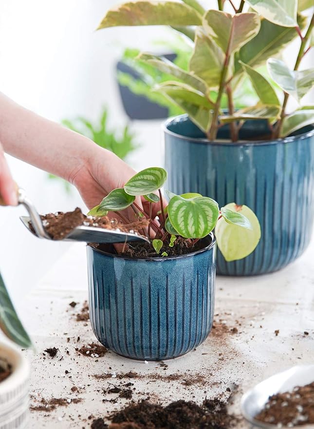 LE TAUCI Fluted Ceramic Planters Set of 3 – 8.3/7 / 5.7 in Ocean Blue Reactive Cylinder Indoor Plant Pots with Drainage Plug & Mesh, Glossy Stoneware Flower Pots for Succulents Herbs - Bloomnest