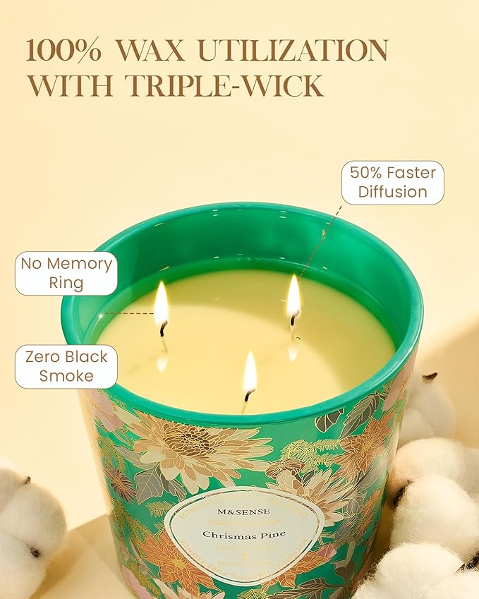 M&SENSE Christmas Pine Scented Candle, 28.2oz 3 Wick Natural Soy Wax Large Candles, Long Lasting Clean Slow Burning No Toxic Décor for Christmas, Romantic Dates & Gift-Giving - Bloomnest