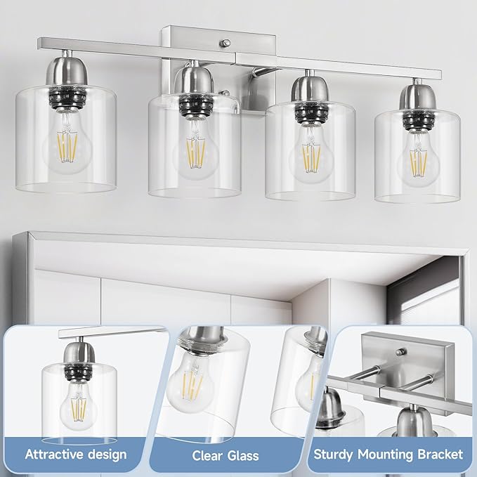 Modern Brushed Nickel 4 Light Bathroom Light Fixtures, 24 inch Vanity Lights for Bathroom with Clear Glass for Mirror Kitchen Living Room Hallway Cabinet Porch - Bloomnest