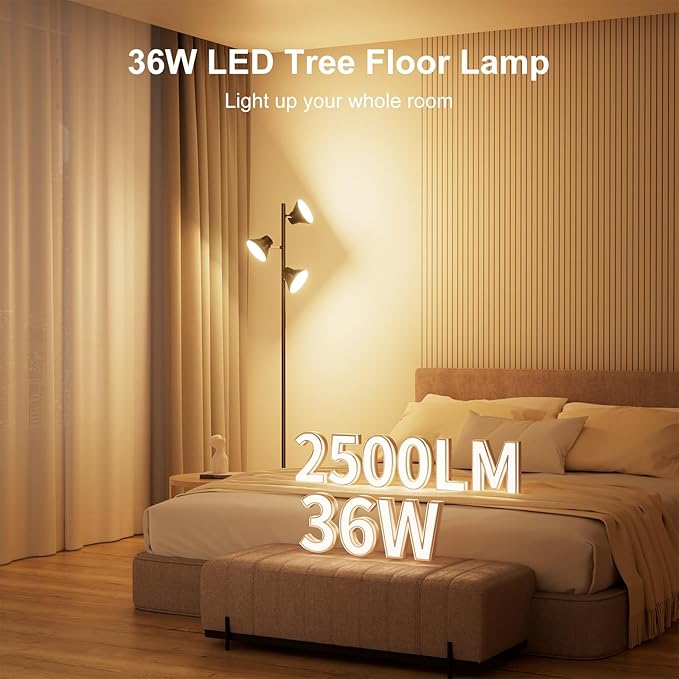 LED Floor Lamp, 36W Modern Floor Lamp with Remote & Touch Control, 4 Color Temperatures, Standing Lamp with 3 Rotatable Lights, Floor Lamps for Living Room, Bedroom, Office - Bloomnest