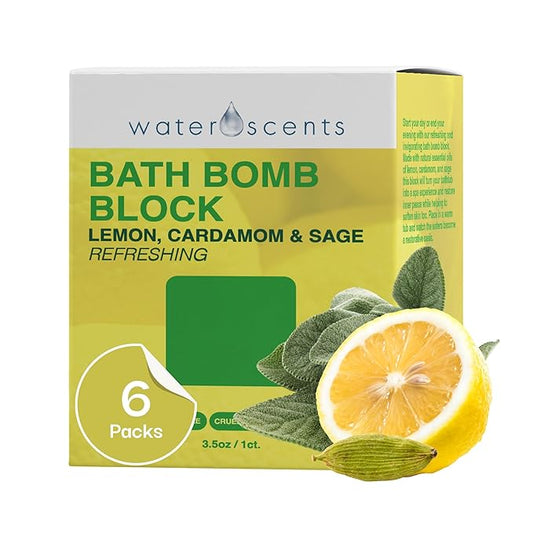 Water Scents Purity Bath Bomb Block | Vegan, Natural & Cruelty-Free | Aromatherapy Bath Soak with Lemon, Cardamom & Clary Sage | Moisturizing & Skin-Softening, Handmade in USA – 3.5 oz (6pks) - Bloomnest