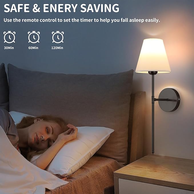 Battery Operated Wall Sconce Set of 2,15 Colors Wireless Wall Light With Dimmable Remote Control Last 18-50 Hours,Black Rechargeable Wall Lamp With White Fabric Shade For Living Room Bedroom Hallway - Bloomnest