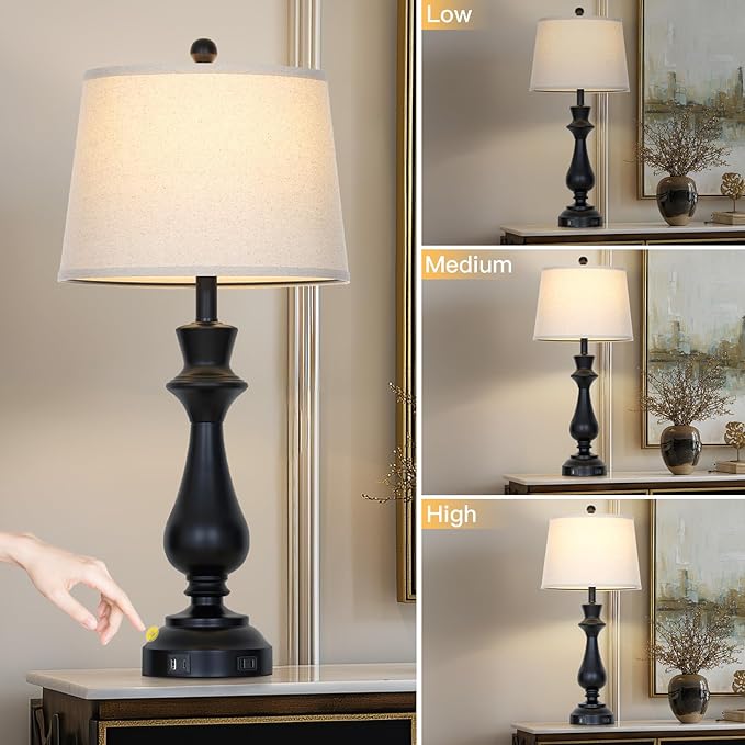 Modern Black Table Lamps Set of 2 for Living Room,30" Tall Bedside Lamp with USB Charging Port,3-Way Dimmable Touch Nightstand Lamp for Bedroom Desk Side Table Office,Black - Bloomnest