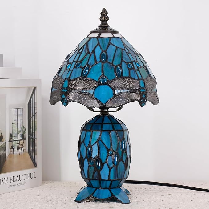 Small Tiffany Lamp Stained Glass Table Lamp Mini Mother Daughter Vase Desk Accent Light for Bedroom Bedside Reading Home Antique Style Decor 8X14 Inches (Green Dragonfly) - Bloomnest