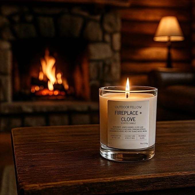 Outdoor Fellow Fireplace and Clove Scented Candle, 8oz, Coconut & Apricot Wax Blend, Bergamot, Clove Buds, Cedarwood, Reusable Glass, 40-50 Hour Burn Time - Bloomnest
