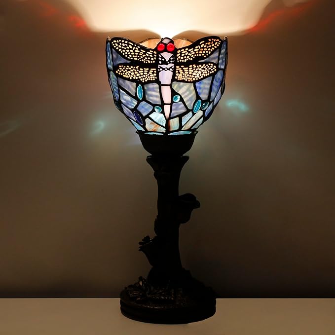 Small Tiffany Lamp Mini Stained Glass Table Lamp Blue Dragonfly Accent Desk Uplight W6 H13.5 Inch Bronze Resin Base - Bloomnest