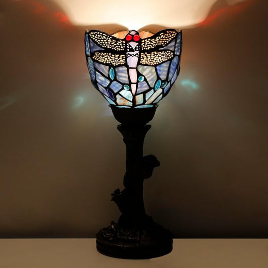 Small Tiffany Lamp Mini Stained Glass Table Lamp Blue Dragonfly Accent Desk Uplight W6 H13.5 Inch Bronze Resin Base - Bloomnest