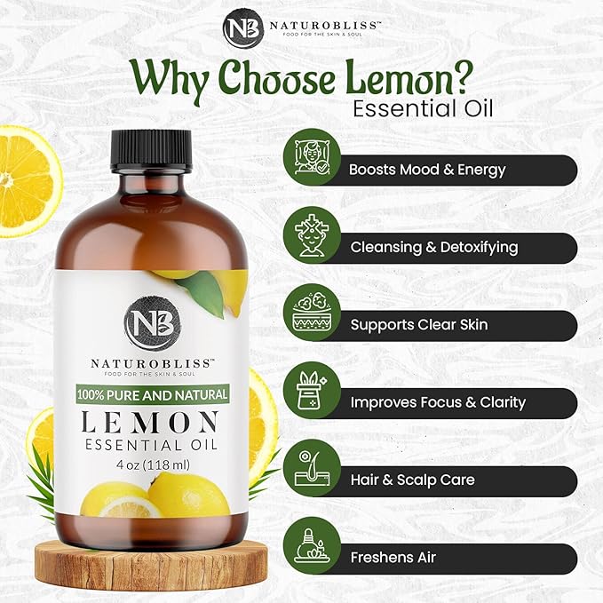 NaturoBliss 100% Pure Lemon Essential Oil Therapeutic Grade Premium Quality (4 fl. oz) with Glass Dropper, Perfect for Aromatherapy - Bloomnest