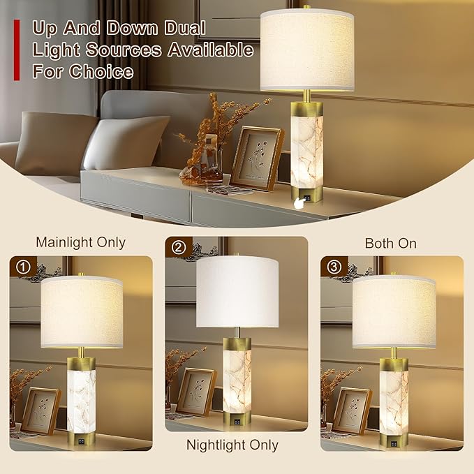 Natural Alabaster Table Lamps Set of 2,Table Lamp with Night Light for Living Room,Nightstand Lamp with USB Ports,Bedside Lamp with Linen Fabric Shade for Bedroom,Living Room,Office,Bar(Bulb Included) - Bloomnest
