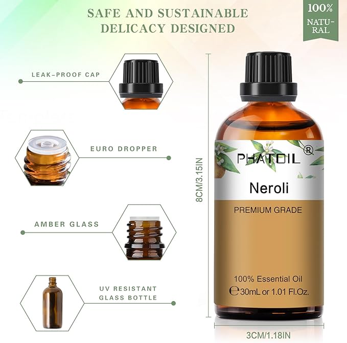 Neroli 1.01fl.oz Essential Oil, PHATOIL Pure Aromatherapy Oils for Diffuser, Humidifier, Perfect for DIY Soap, Candle, Bath Bombs Making(30ml) PHATOIL