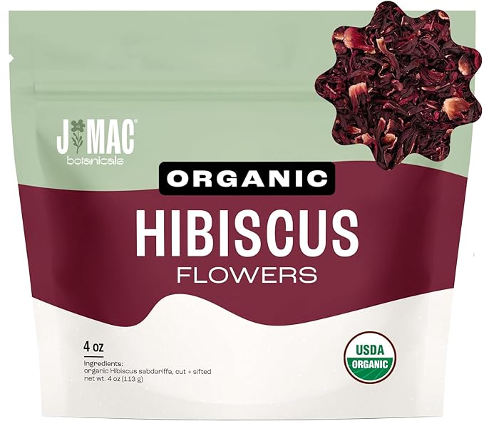 J Mac Botanicals, Organic Hibiscus Flower (4 ounce), Hibiscus tea, cut & sifted flowers, dried from Egypt, herbal tea leaves, Flor de Jamaica, edible - Bloomnest