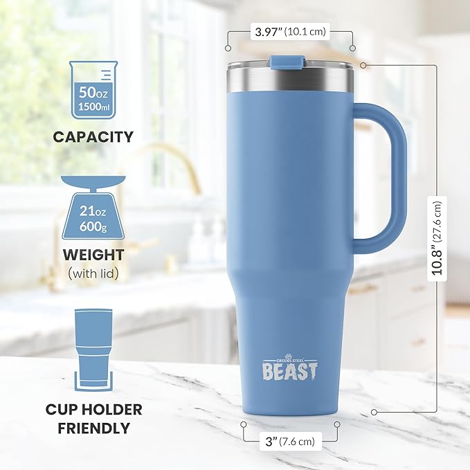 Beast 50 oz Tumbler Stainless Steel Vacuum Insulated Coffee Ice Cup Double Wall Travel Flask (Stormy Sky Blue) - Bloomnest