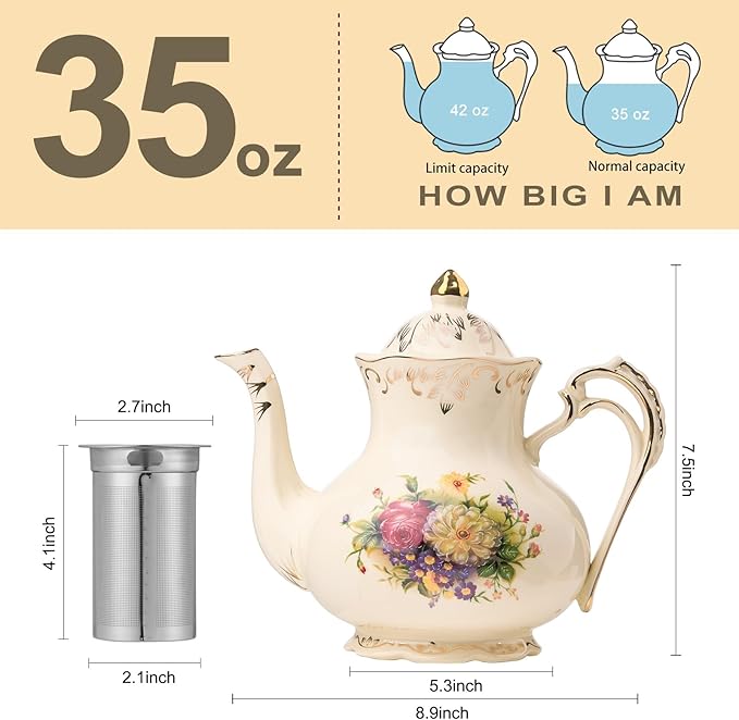 YOLIFE Floral Teapot, 35oz/4 Cup Vintage Ivory Ceramic Tea Pot with Infuser for Loose Leaf Tea, Flowering Shrubs Teapot with Gold Trim - Bloomnest