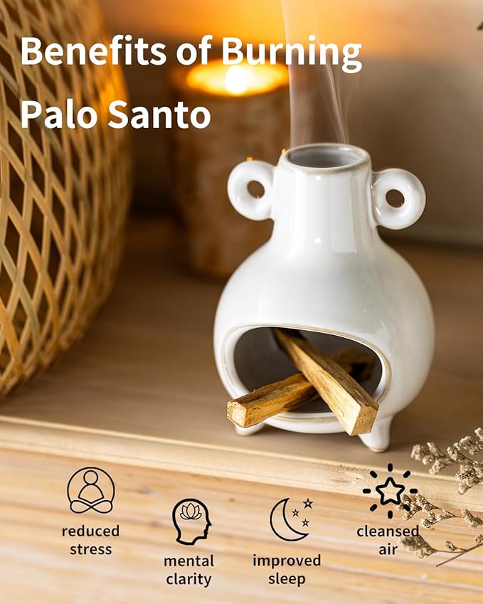 Mini Palo Santo Holder Burner, Ceramic Incense Holder for Sticks Sage Bundles Cone Incense, Chimenea Incense Dish for Yoga Meditation Home Decor, White