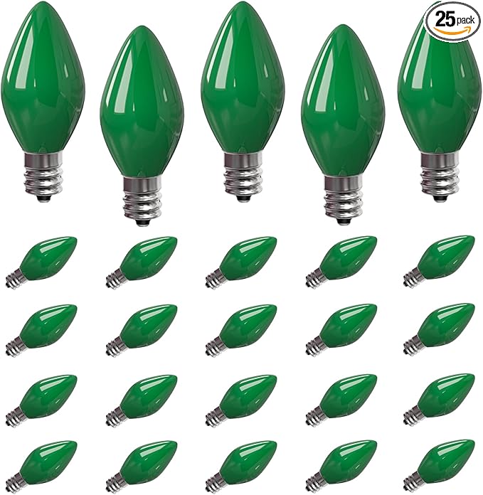 SUNSGNE 25 Pack Green Ceramic Christmas Light Bulbs St. Patrick's Light Bulbs for C7 Christmas St. Patrick's Day Decor, E12 Candelabra Base, 0.6W - Bloomnest