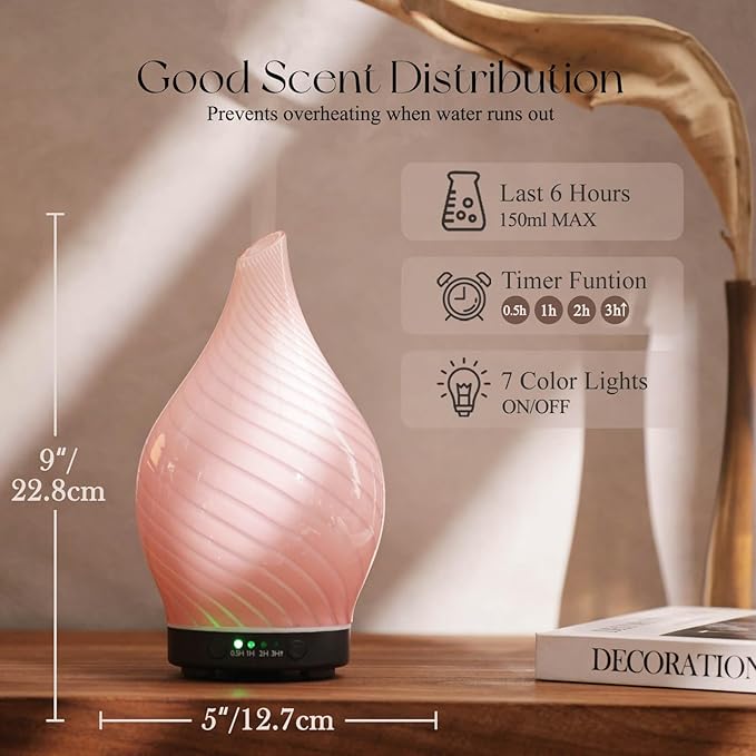 Porseme 150ml Essential Oil Diffuser Glass Color Changing Aroma Air Diffusers Aromatherapy Ultrasonic Cool Mist Humidifier 6 Running Hours Waterless Auto-Off for Sleeping Yoga Office Spa (Pure Pink) - Bloomnest