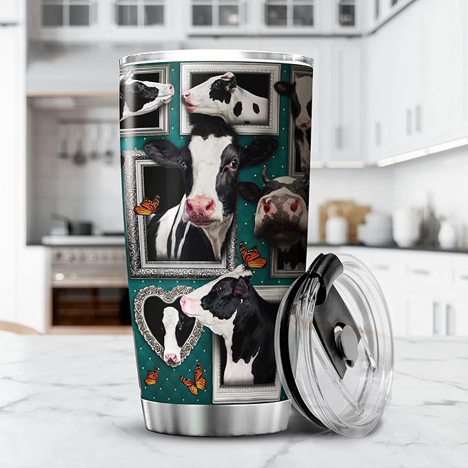 Cow Print Stainless Steel Tumbler With Lid 20 Oz Holstein Friesian Cattle Cute Dairy Cows Insulated Cup Funny Farm Animal Themed Mugs Butterfly Cool Cow Things For Cow Lovers - Bloomnest