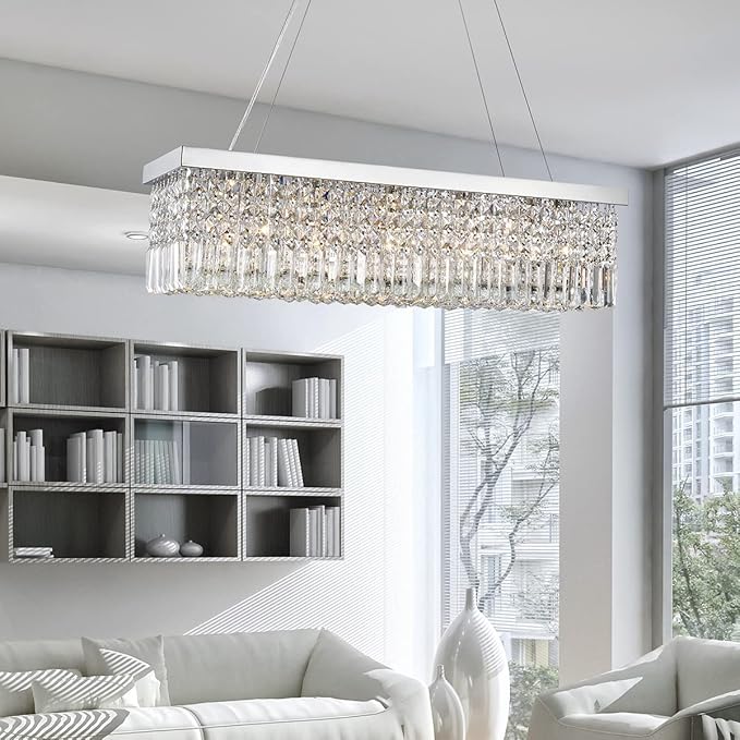 Saint Mossi 5-Lights K9 Crystal Chandelier for Dining Room, Rectangular Pendant Light Fixture for Kitchen Island, Raindrop Flush Mount Ceiling Light Fixture,H9 x W10 x L31, Chain Adjustable - Bloomnest