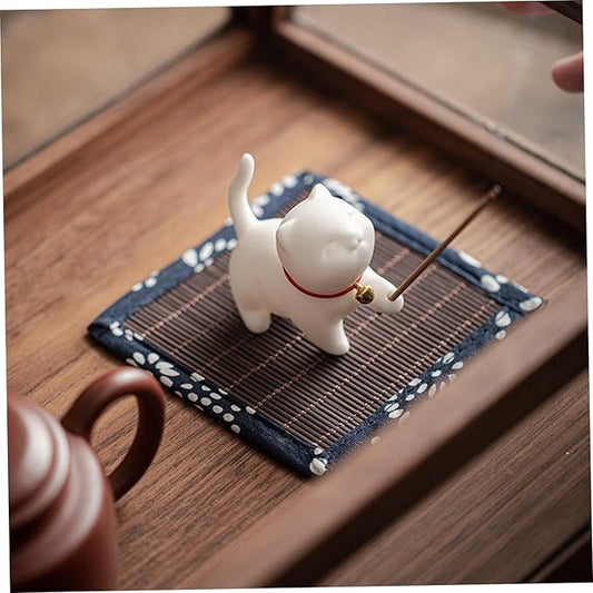 Cat Incense Holder, 2.4inch Ceramic Lucky Cat Incense Stick Holder with Bamboo Mat, Cute Cat Incense Burner, esk Ornament for Home Decorations - Bloomnest
