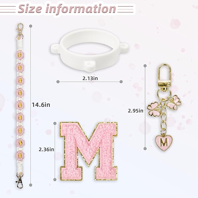 Compatible with Owala Water Bottle Accessories, Cute Letter Charm Set with Boho Handle Strap, Monogram Sticker, Silicone Ring, Keychain Decoration, for FreeSip 24 32 40oz, Owala Kids, Tumbler Gift SITKOL