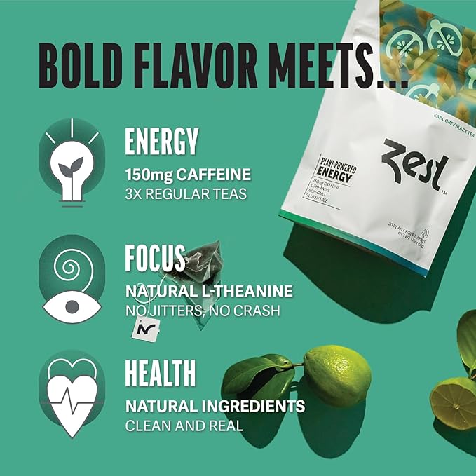 Zest High Caffeine Black Tea Bags – Earl Grey Energy Tea with Natural Bergamot – 150mg Caffeine per Cup – Focus & Morning Breakfast Tea for Energy – Caffeinated Coffee Substitute – 20Ct Pack - Bloomnest